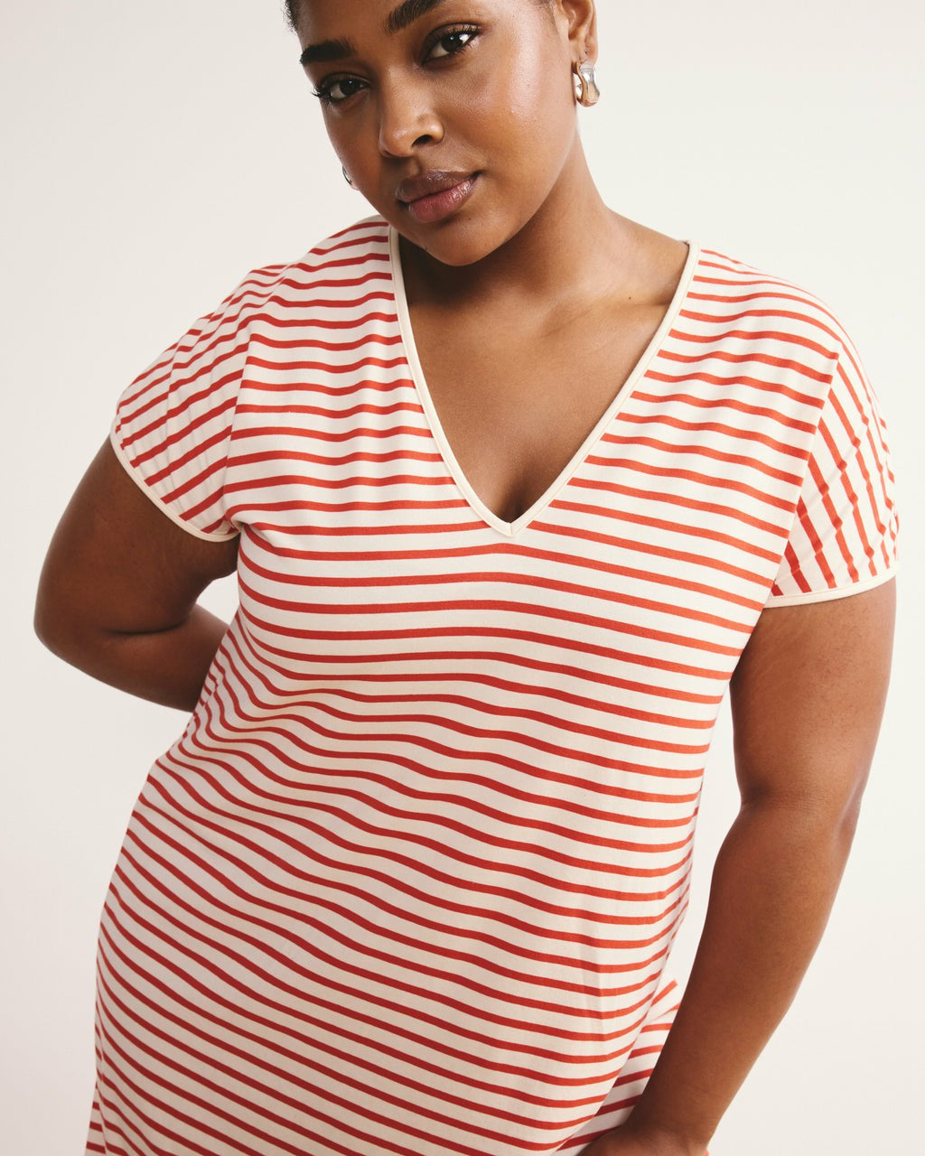 Universal Standard Iconic Geneva V-Neck Dress - Ecru/Poppy Stripe