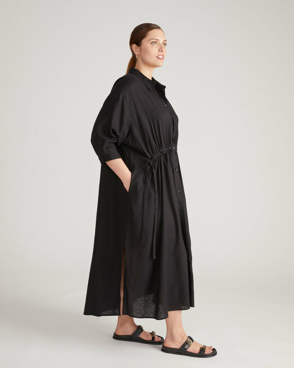 Universal Standard Paros Drawstring Linen Blend Shirtdress - Black