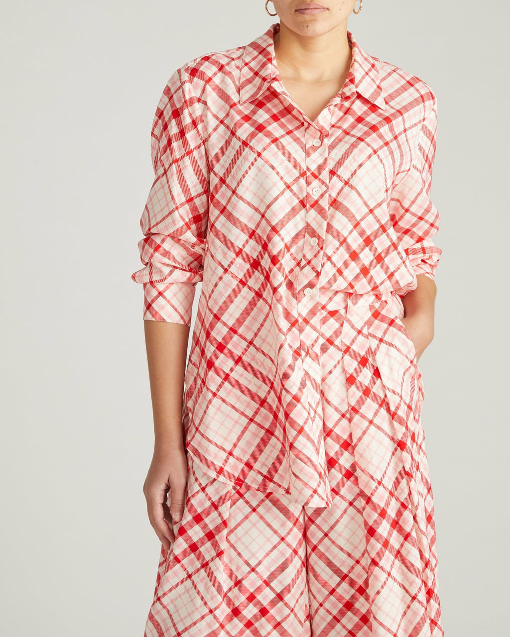 Universal Standard Cooling Stretch Cupro Artist Shirt - Red Plaid Print