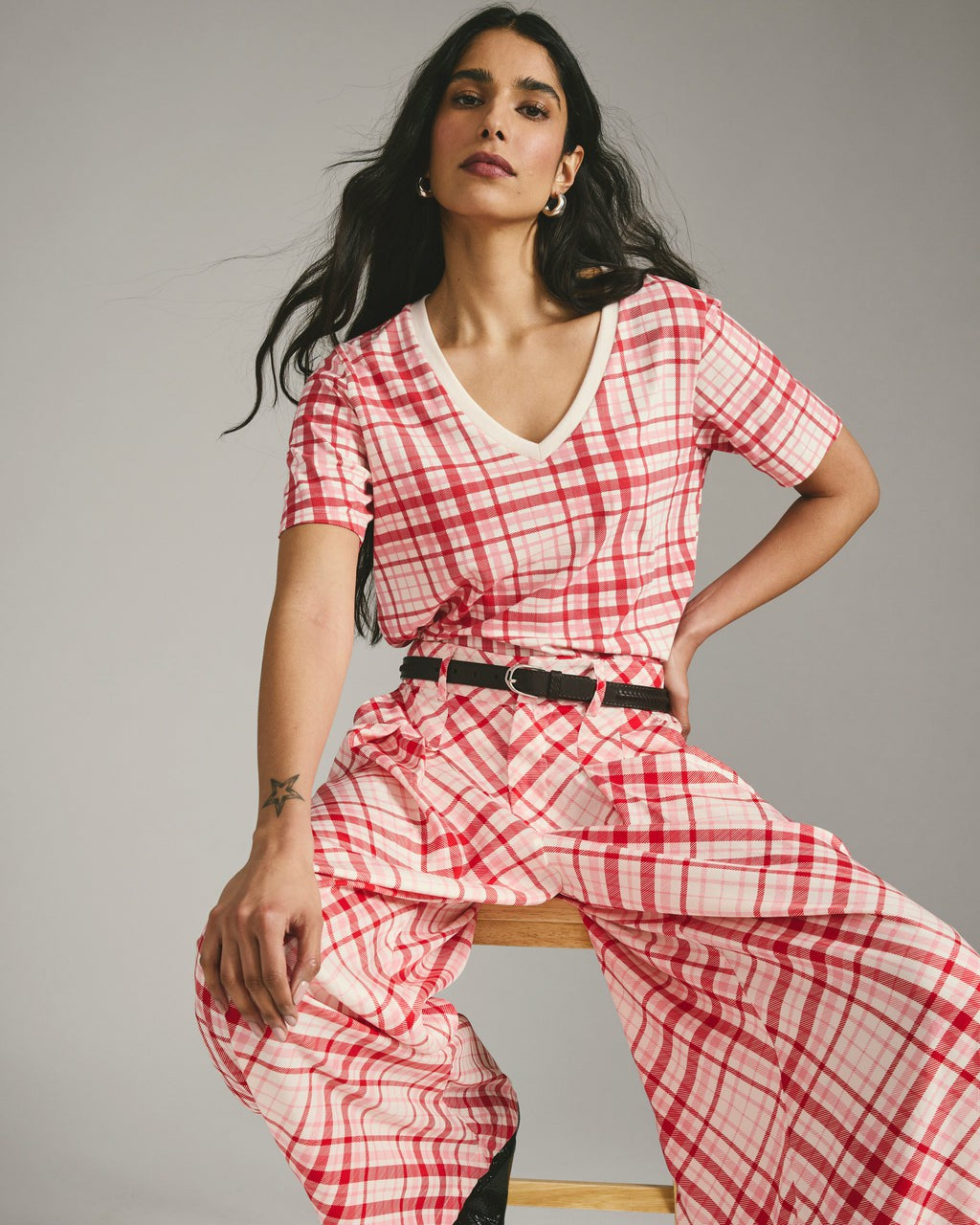 Universal Standard Palais Cooling Cupro Wide Leg Pant - Red Plaid Print