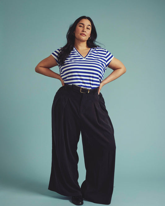 Universal Standard Ashley V Neck Cap Sleeve Tee - Hammersmith Blue/White Stripe