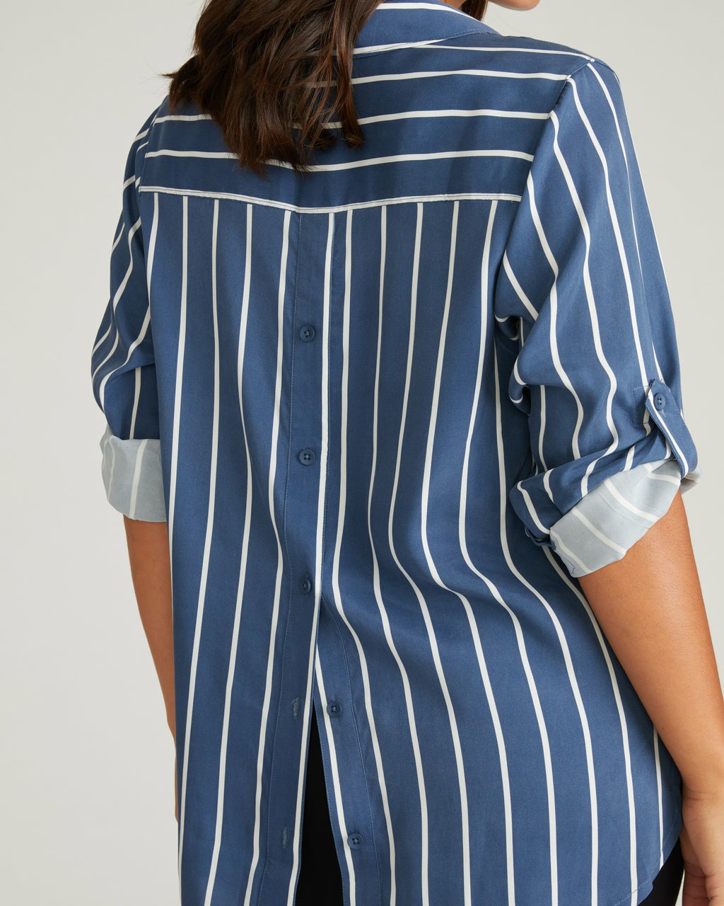 Universal Standard Button Back Stretch Cupro Polo Shirt - Ensign Blue/White Stripe