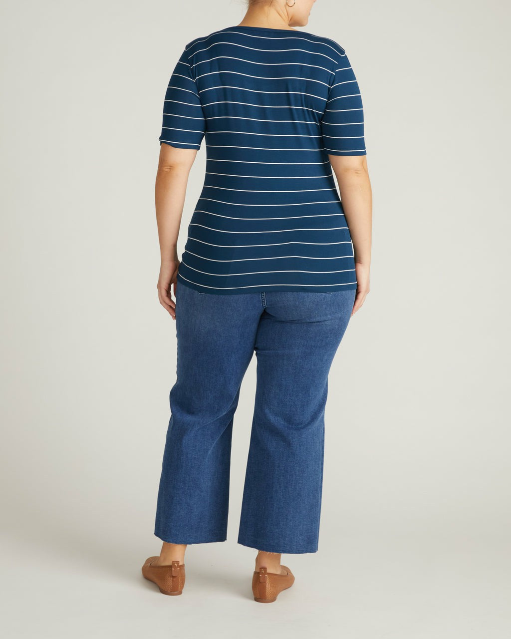 Universal Standard Cloud Rib Short Sleeve Square Neck Tee - Teal/White Microstripe