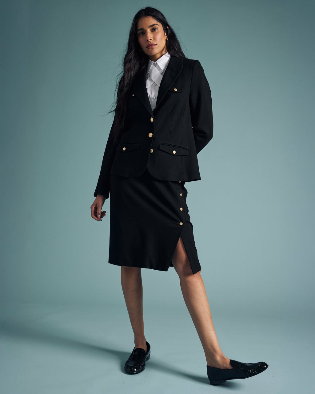 Universal Standard Anya Ponte Skirt - Black with Gold Buttons