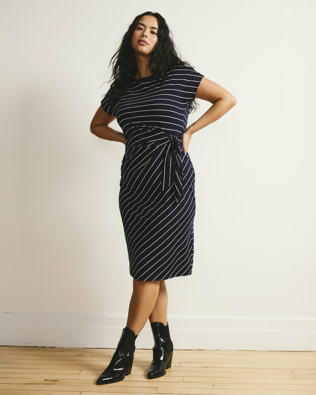 Universal Standard Crescent Breton Stripe Knot Dress - Navy Pinstripe