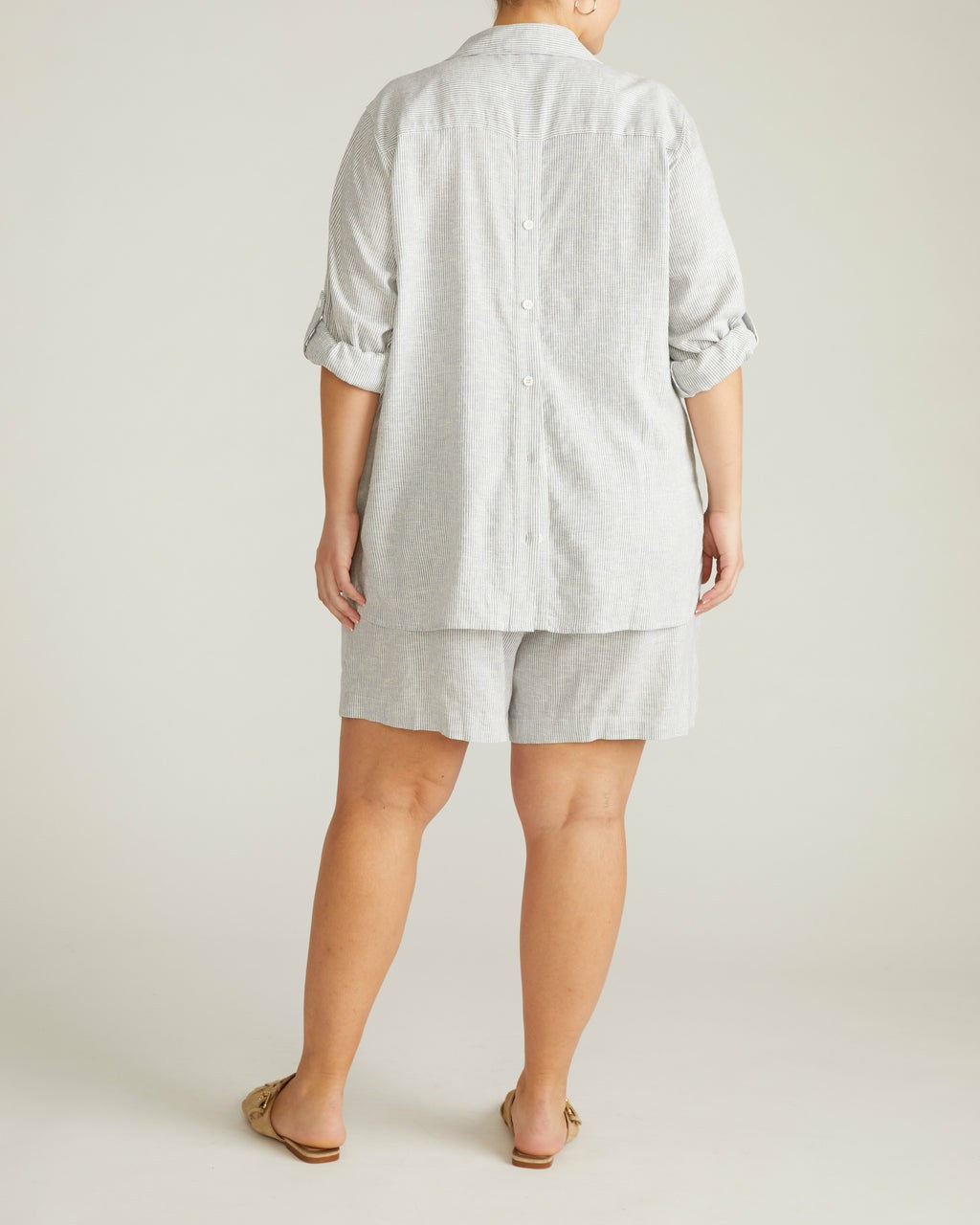 Universal Standard Button Back Linen Blend Polo Shirt - Beach Stripe
