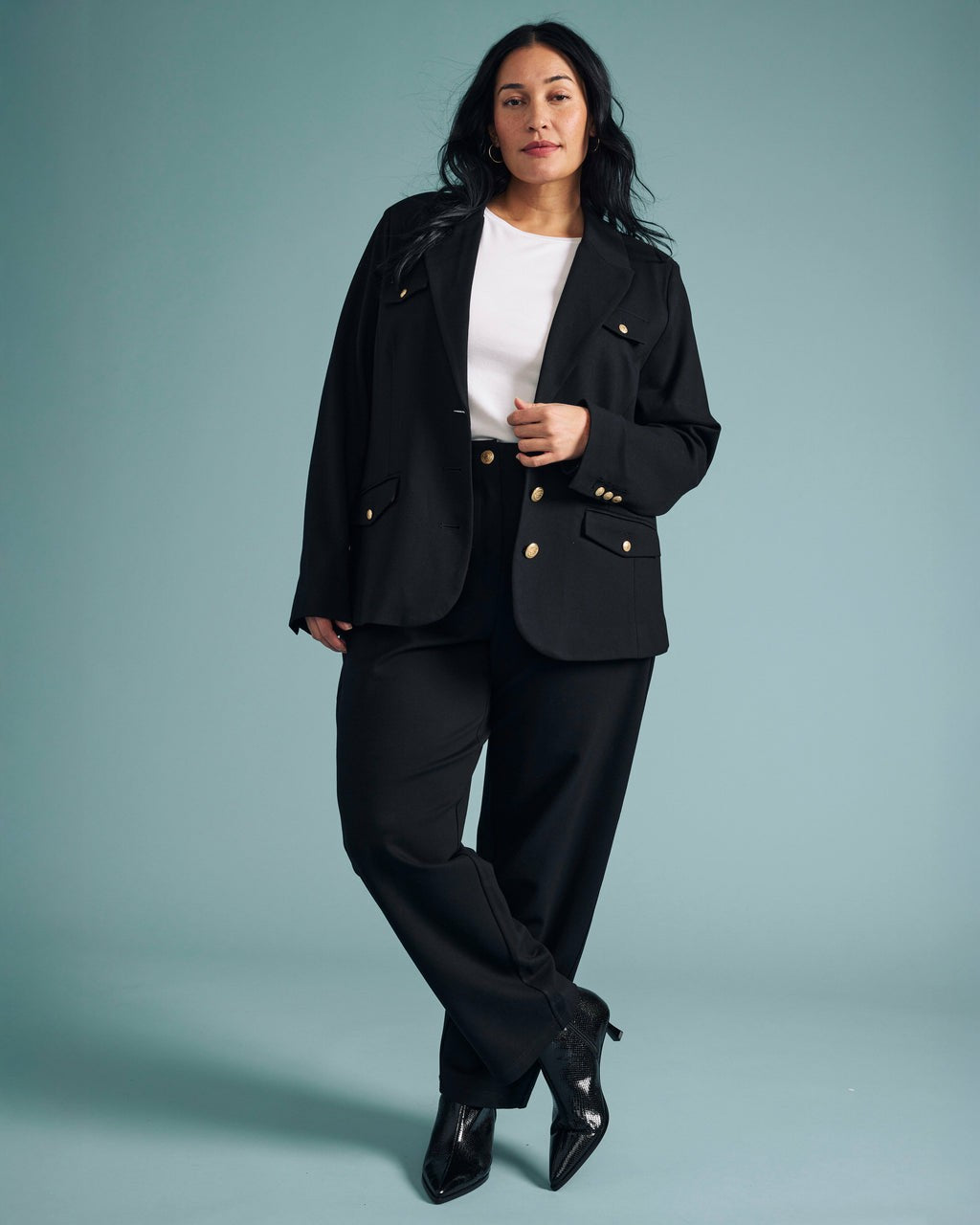 Universal Standard 4 Pocket Ponte Blazer - Black with Gold Buttons