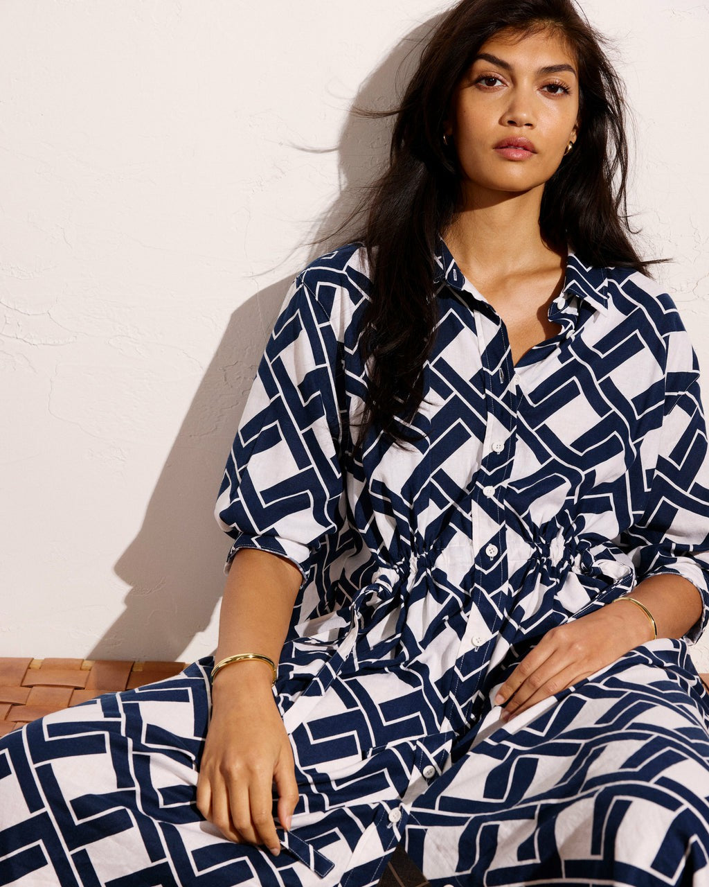 Universal Standard Paros Drawstring Linen Blend Shirtdress - Geometrica Print