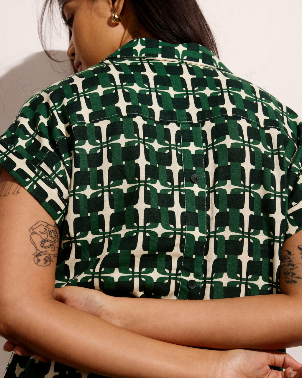 Universal Standard Sunshine Linen Blend Polo Dress - Green Trellis Print