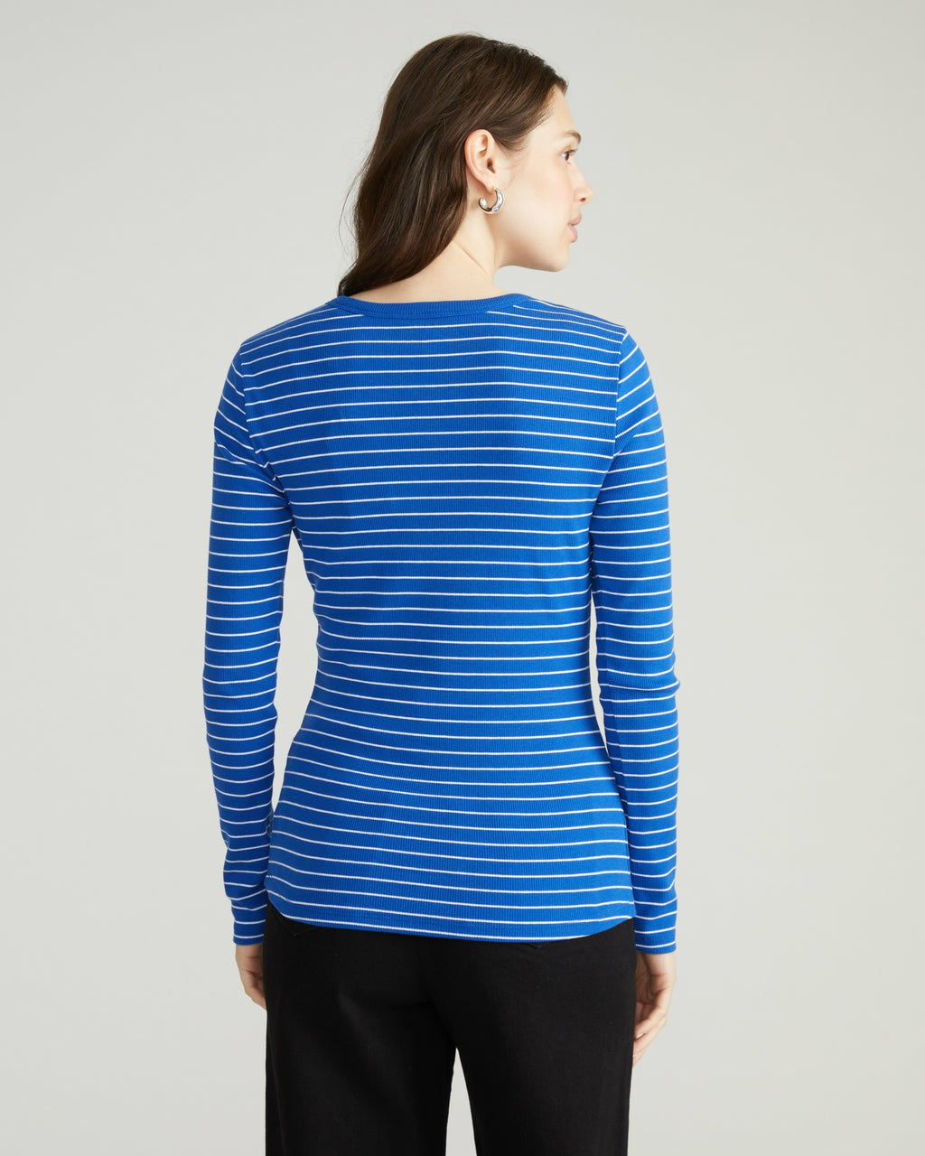 Universal Standard Henley Long Sleeve Ribbed Tee - Bright Blue/White Microstripe