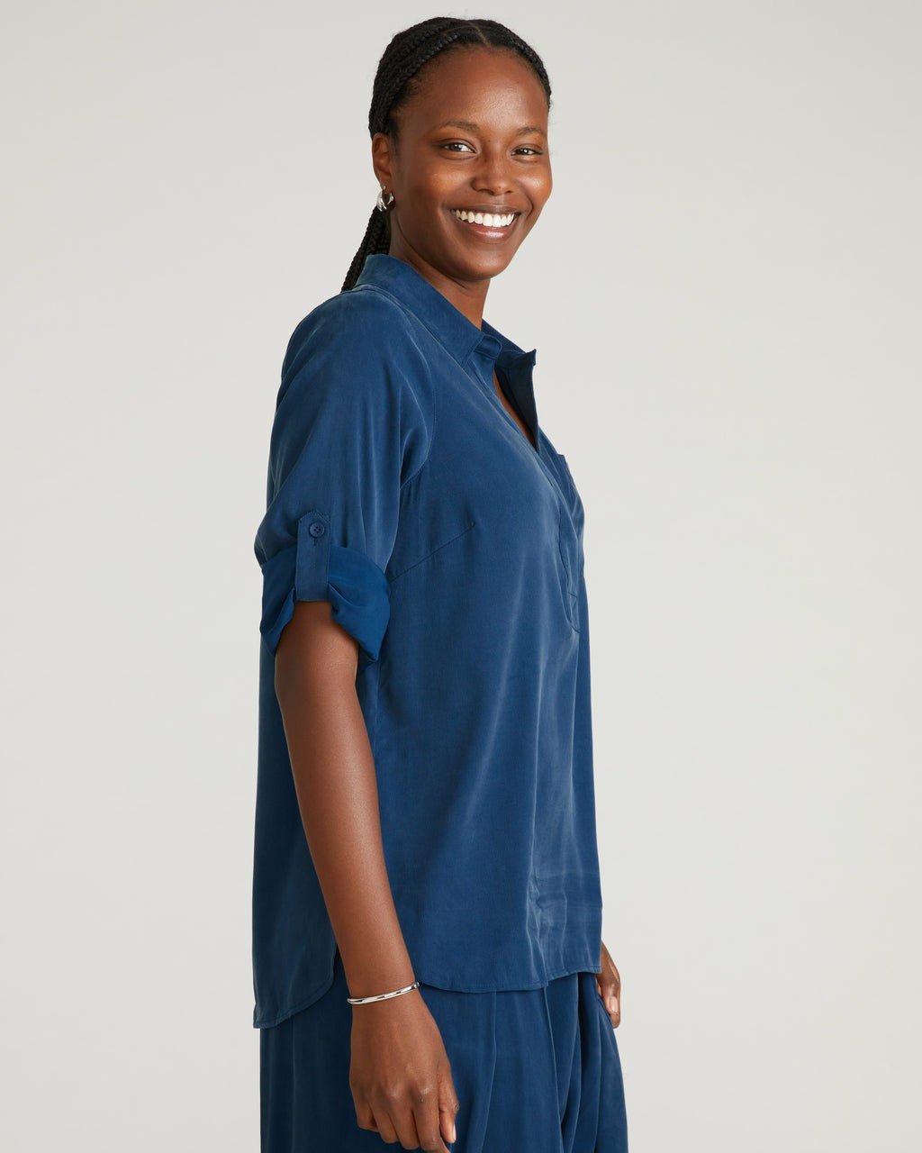 Universal Standard Button Back Stretch Cupro Polo Shirt - Pageant Blue