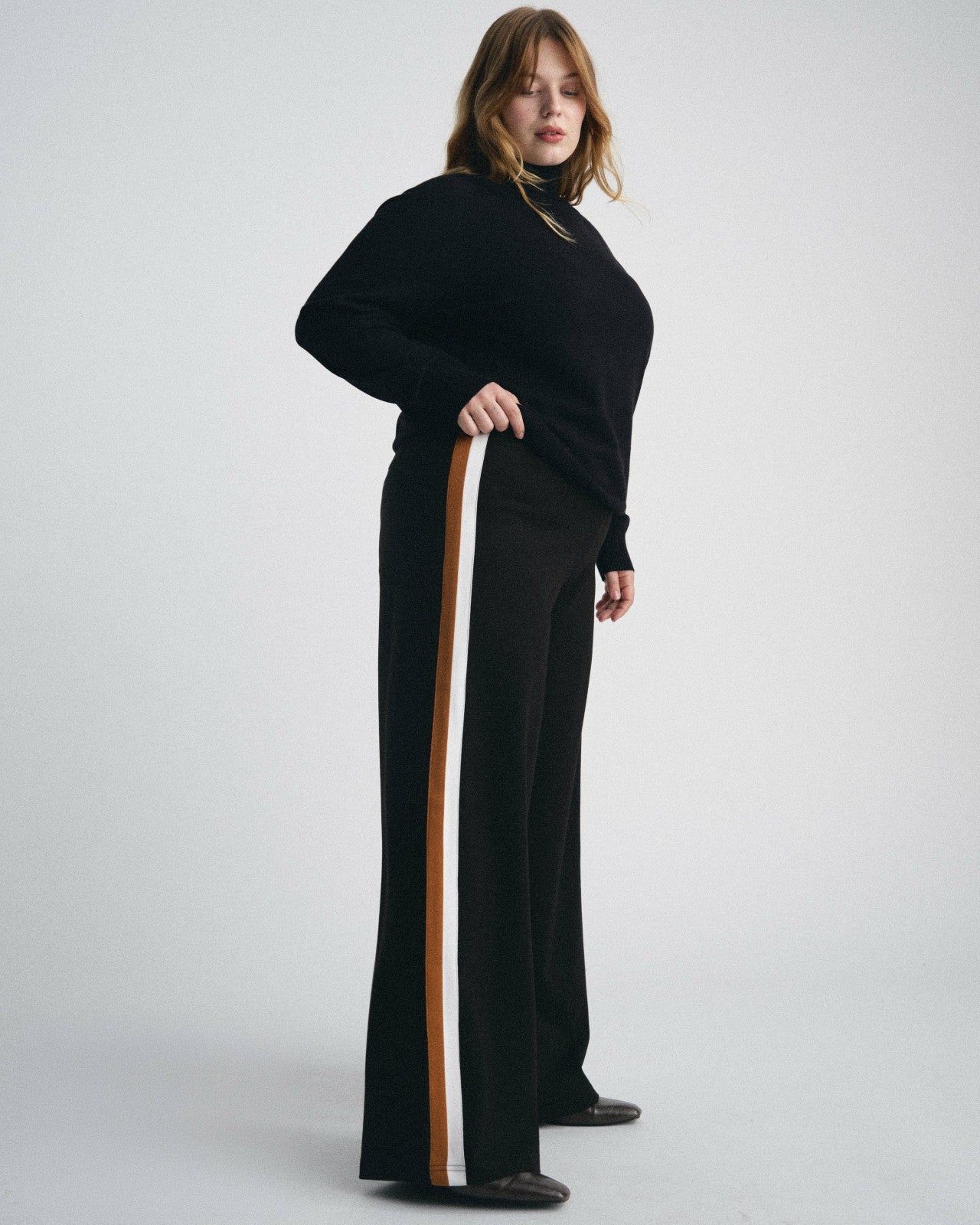 Universal Standard Stephanie Wide Leg Stripe Ponte Pants 30 Inch - Black with Ochre/White