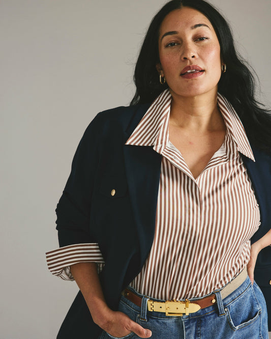 Universal Standard Elbe Stretch Poplin Shirt Classic Fit - Allspice/White Stripe