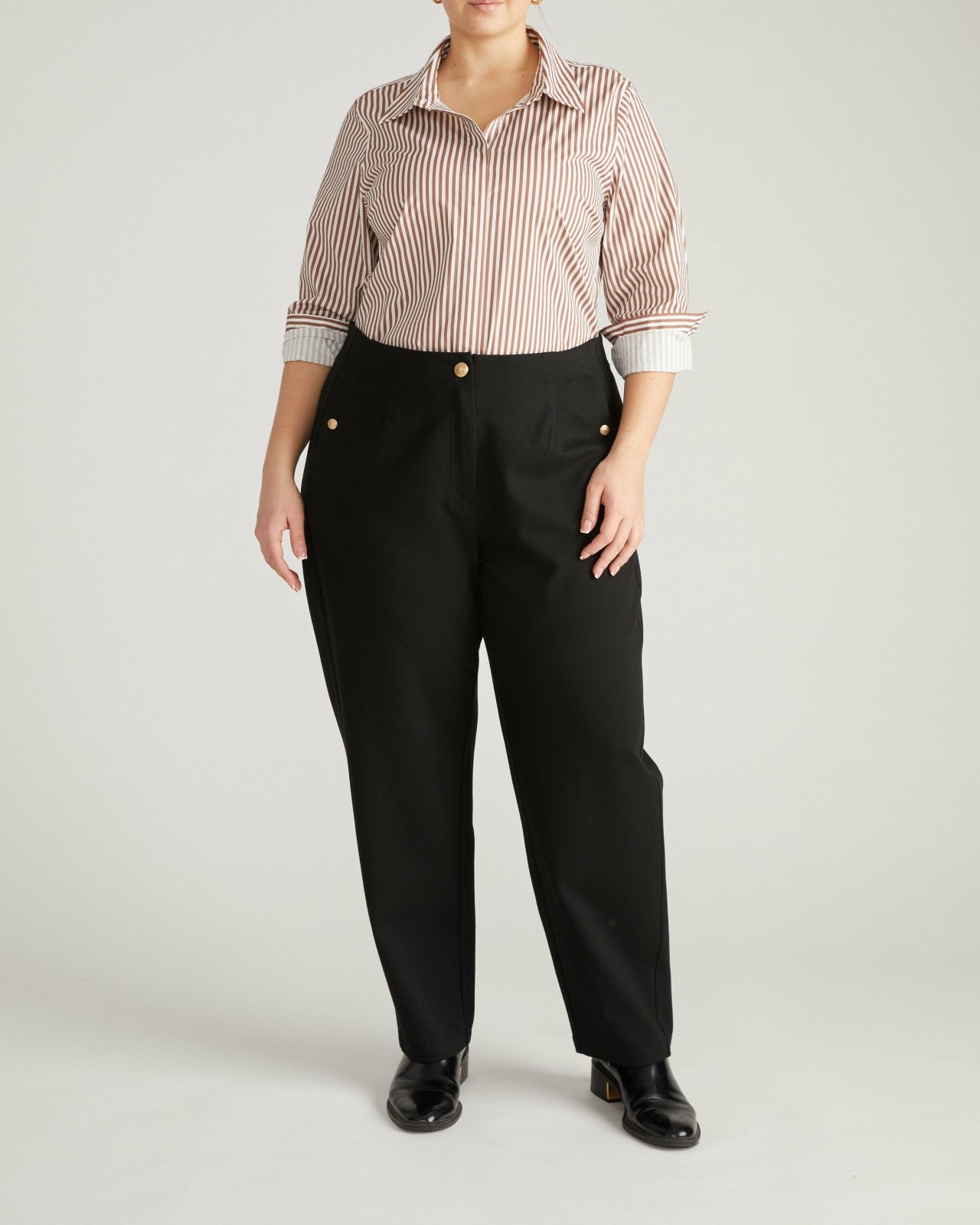 Universal Standard Elbe Stretch Poplin Shirt Classic Fit - Allspice/White Stripe