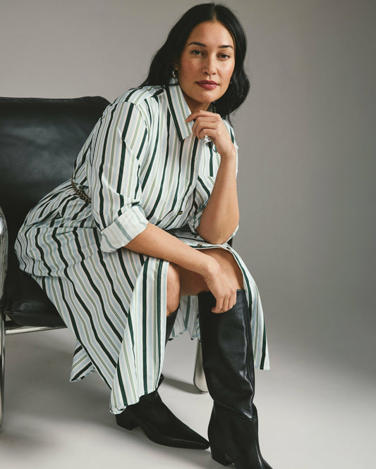 Universal Standard Odeon Stretch Poplin Shirtdress - Forest Green Multi Stripe