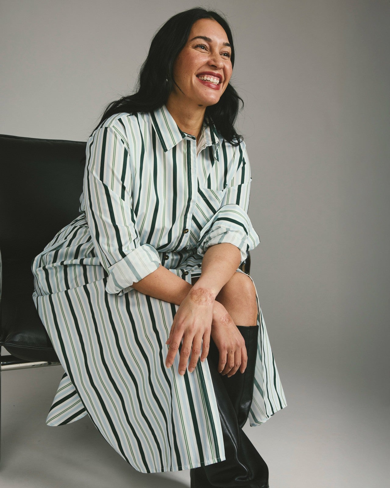Universal Standard Odeon Stretch Poplin Shirtdress - Forest Green Multi Stripe