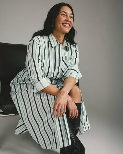 Universal Standard Odeon Stretch Poplin Shirtdress - Forest Green Multi Stripe