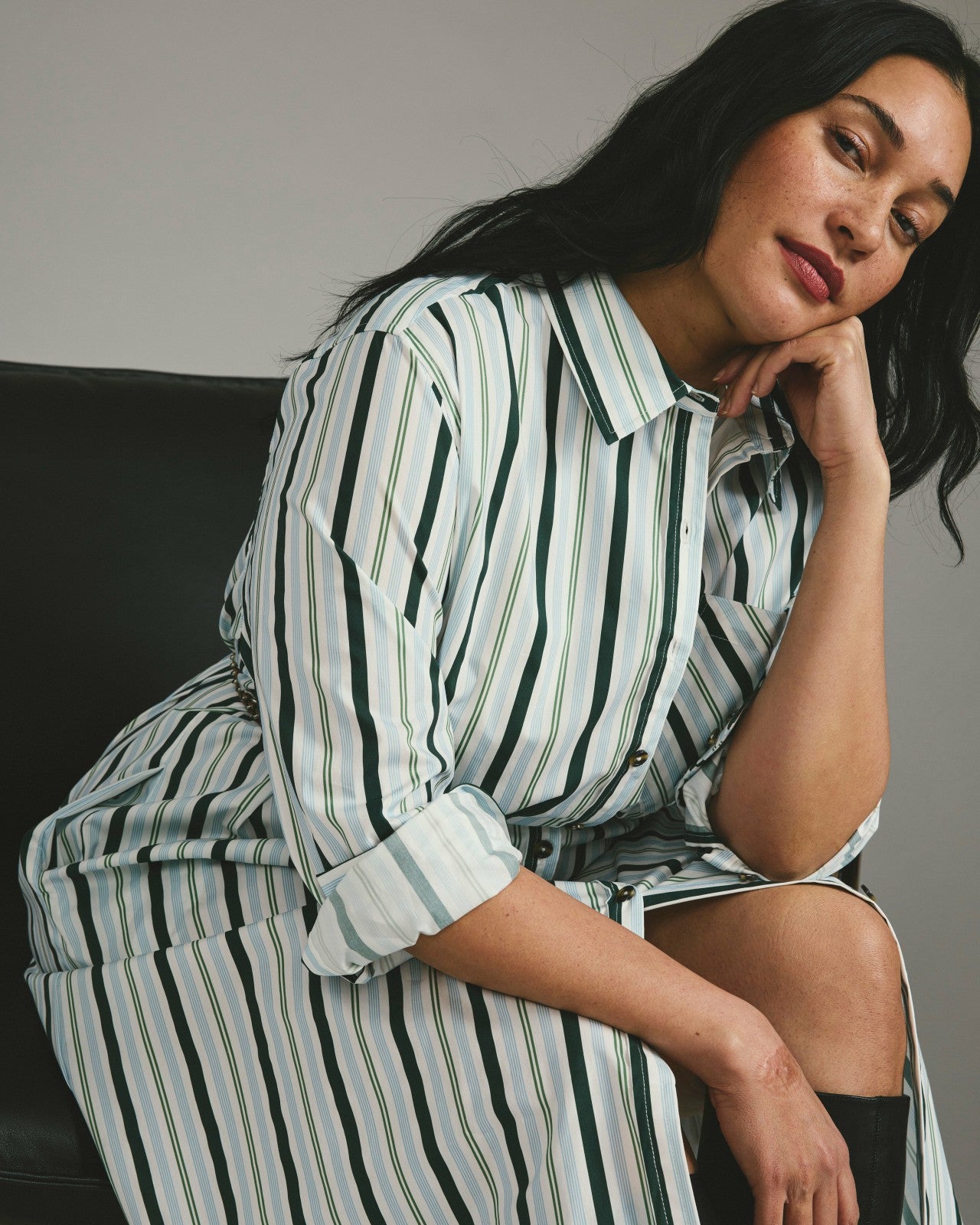Universal Standard Odeon Stretch Poplin Shirtdress - Forest Green Multi Stripe
