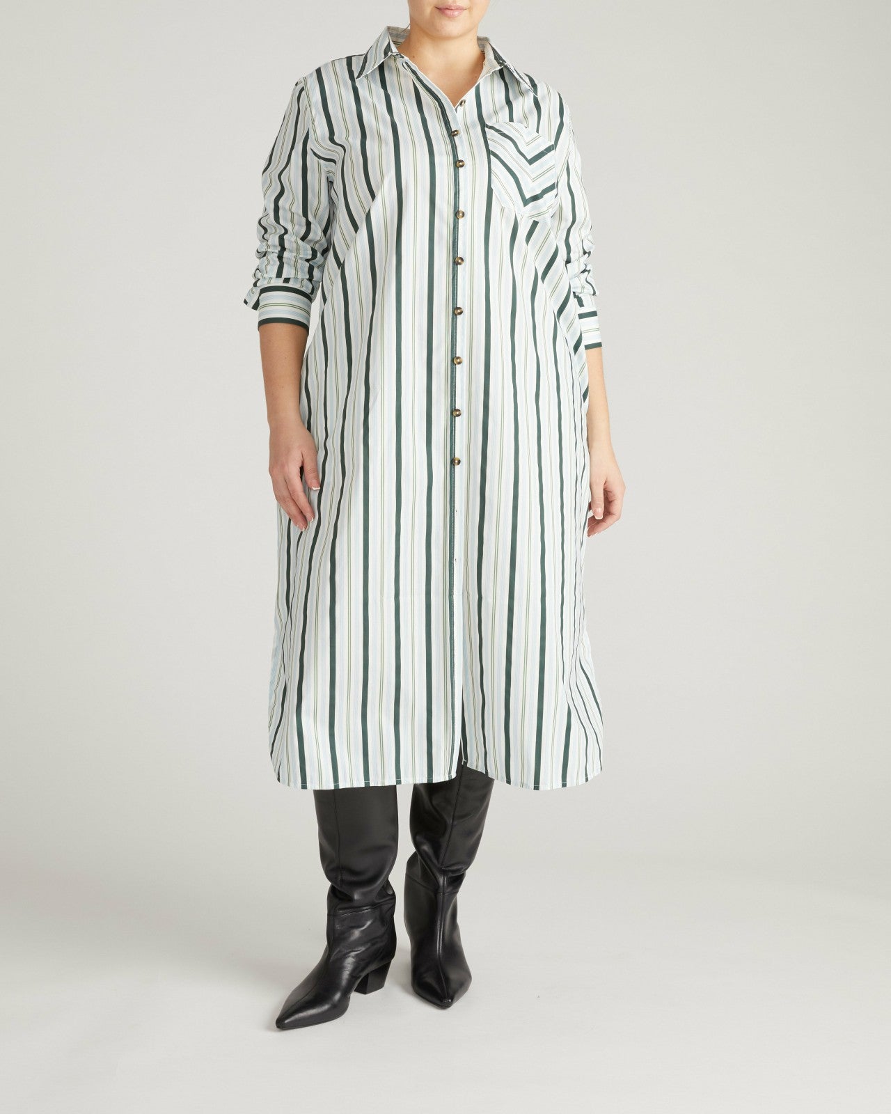 Universal Standard Odeon Stretch Poplin Shirtdress - Forest Green Multi Stripe