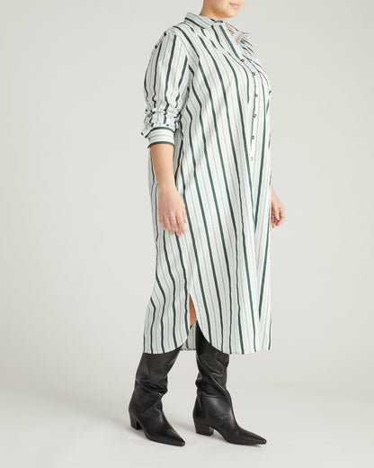 Universal Standard Odeon Stretch Poplin Shirtdress - Forest Green Multi Stripe