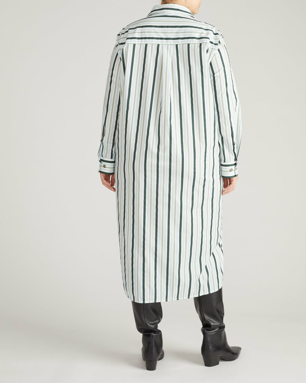 Universal Standard Odeon Stretch Poplin Shirtdress - Forest Green Multi Stripe