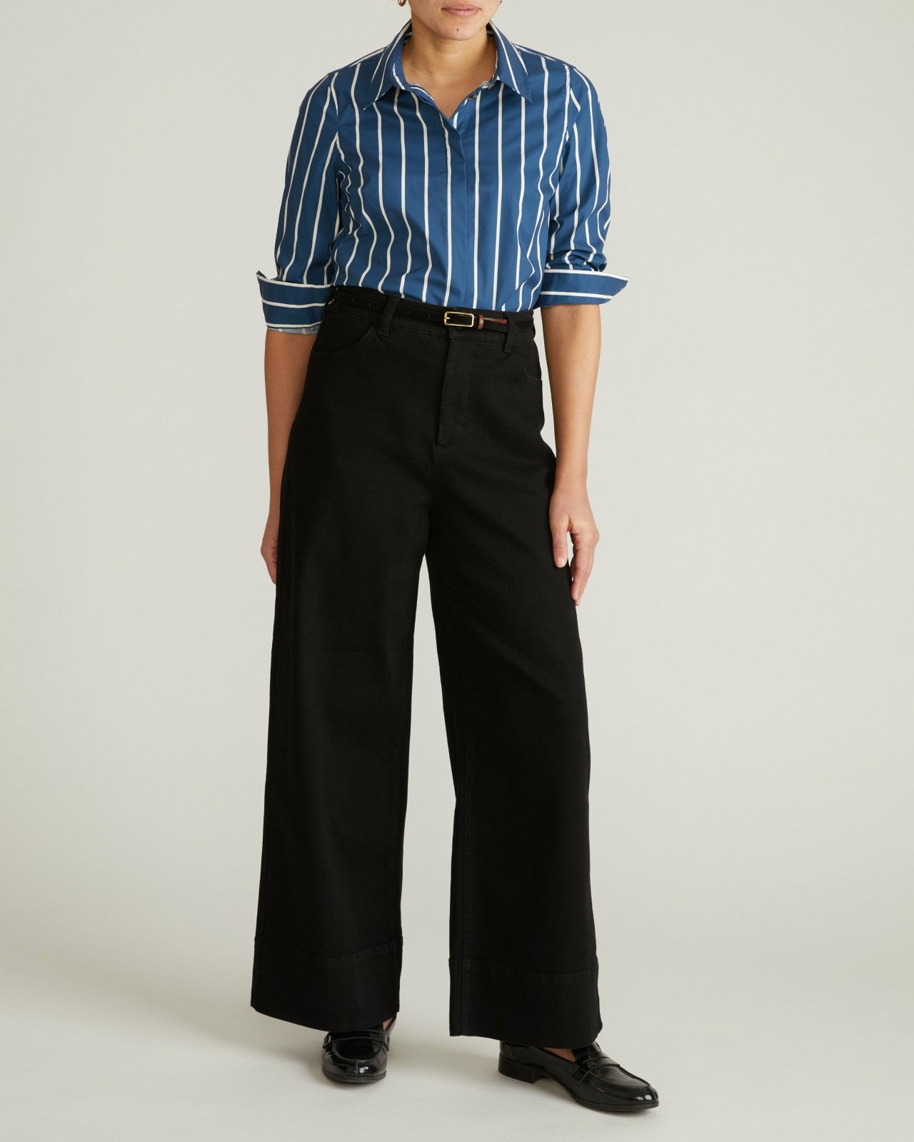 Universal Standard Elbe Stretch Poplin Shirt Classic Fit - Ensign Blue/White Stripe
