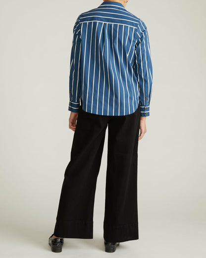 Universal Standard Elbe Stretch Poplin Shirt Classic Fit - Ensign Blue/White Stripe