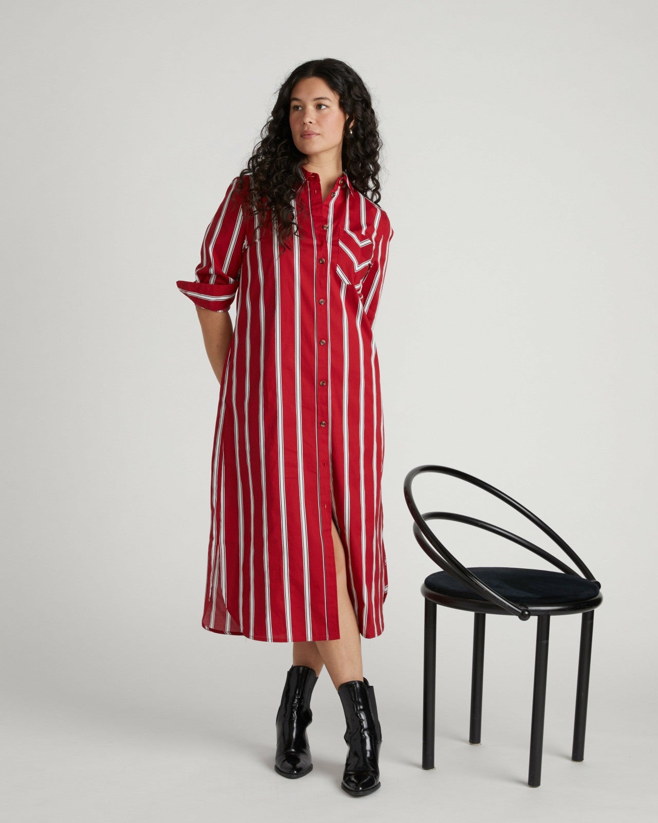 Universal Standard Odeon Stretch Poplin Shirtdress - Red/Black/White Stripe