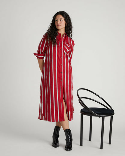 Universal Standard Odeon Stretch Poplin Shirtdress - Red/Black/White Stripe