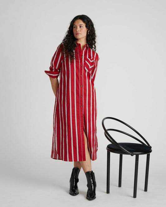 Universal Standard Odeon Stretch Poplin Shirtdress - Red/Black/White Stripe
