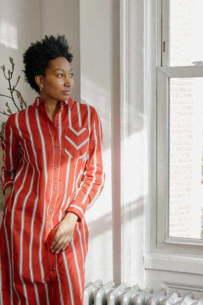 Universal Standard Odeon Stretch Poplin Shirtdress - Red/Black/White Stripe