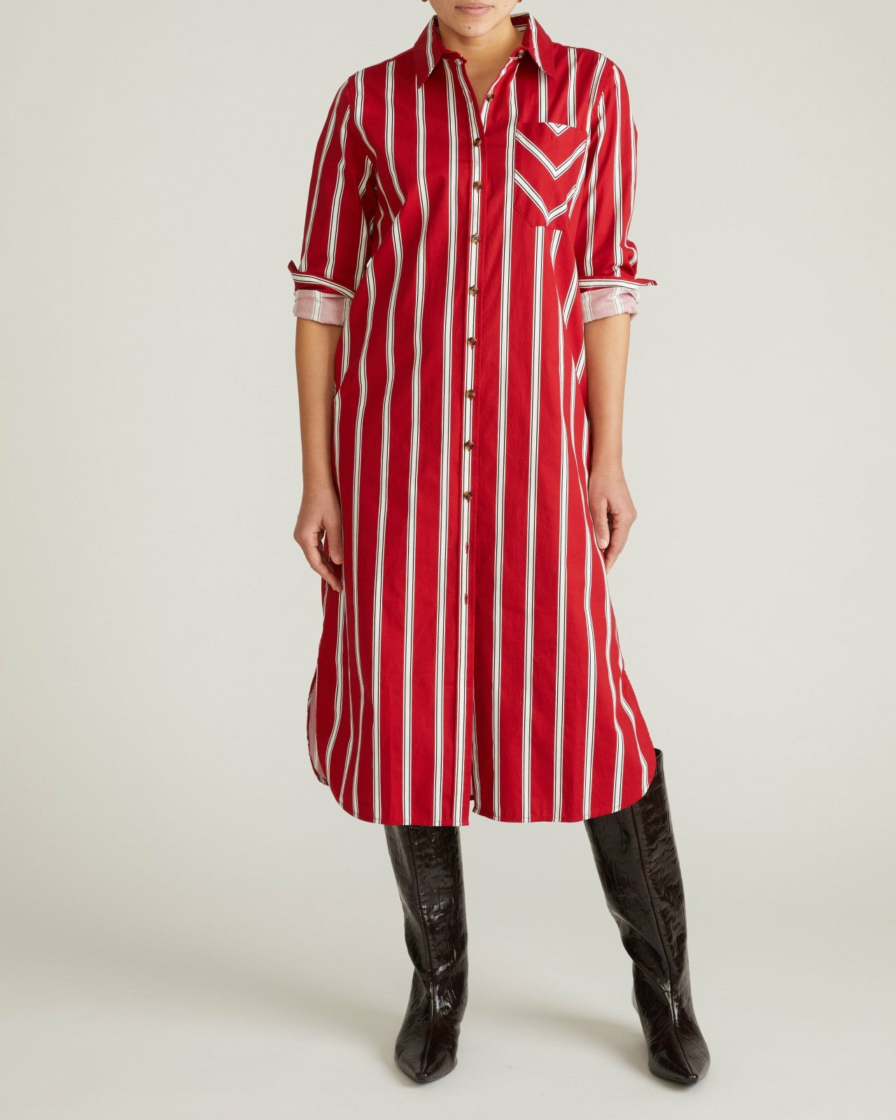 Universal Standard Odeon Stretch Poplin Shirtdress - Red/Black/White Stripe
