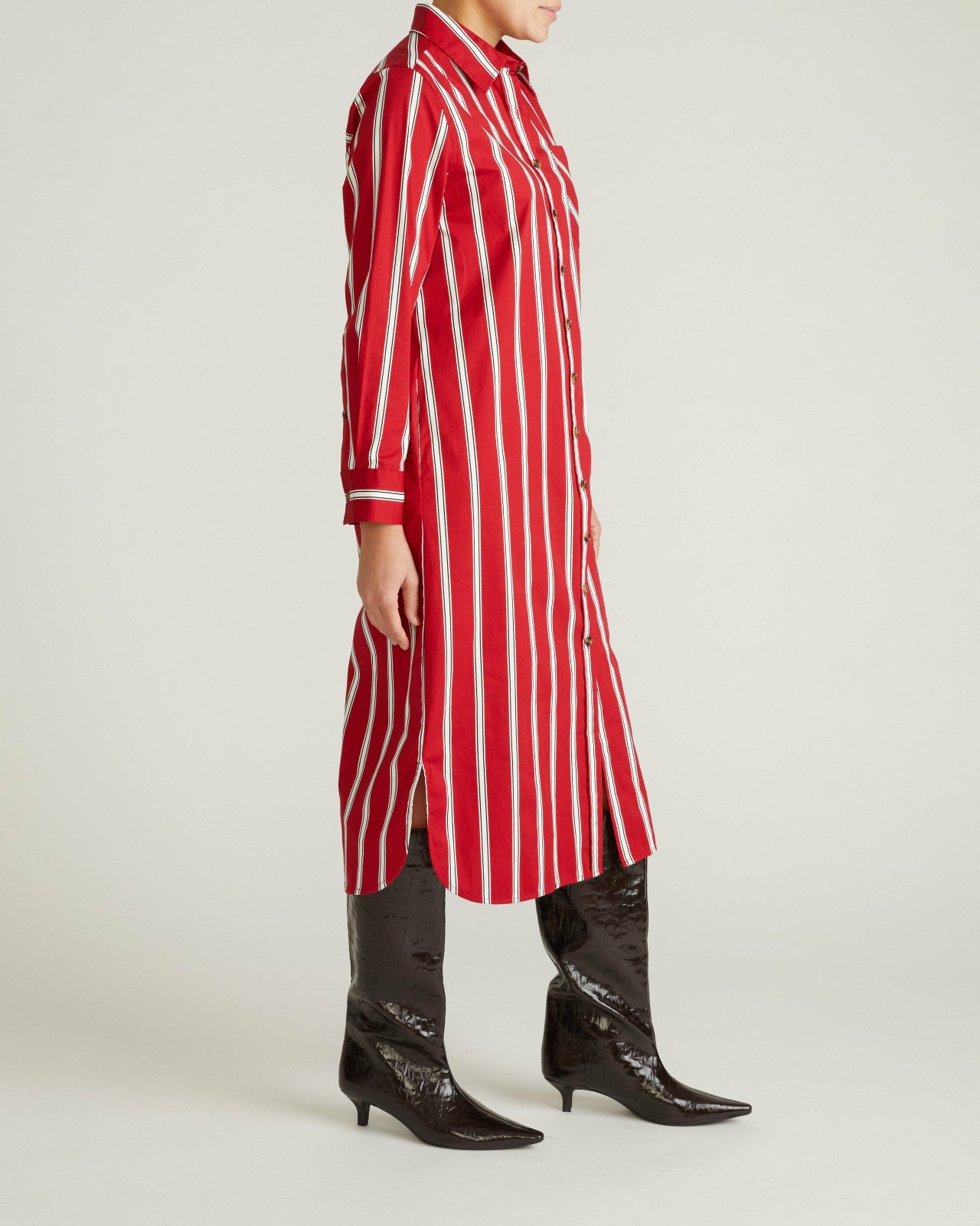 Universal Standard Odeon Stretch Poplin Shirtdress - Red/Black/White Stripe