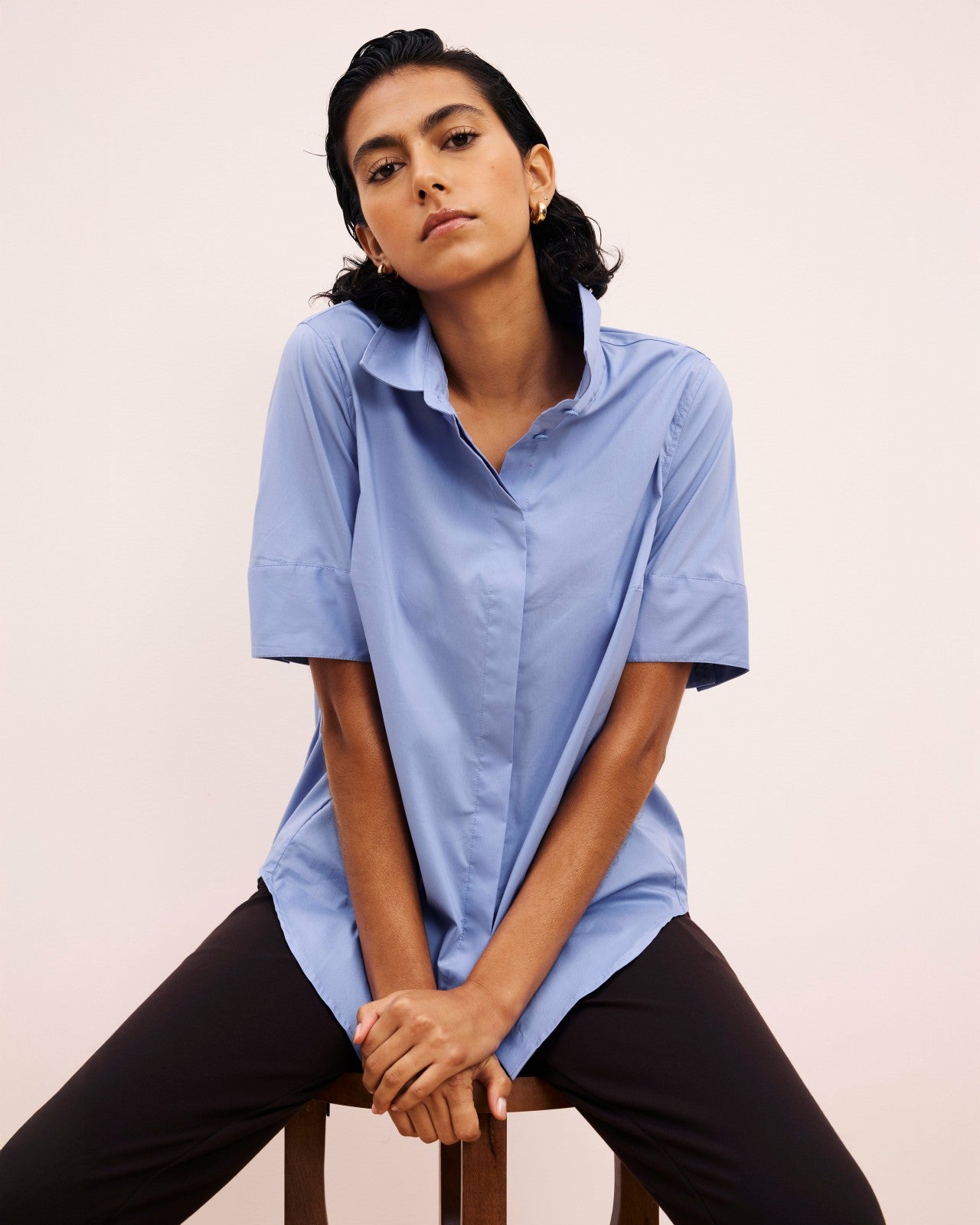 Universal Standard Elbe Stretch Poplin Short Sleeve Shirt - Soft Blue