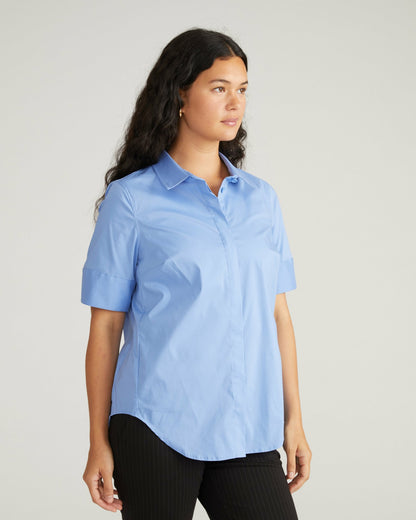 Universal Standard Elbe Stretch Poplin Short Sleeve Shirt - Soft Blue