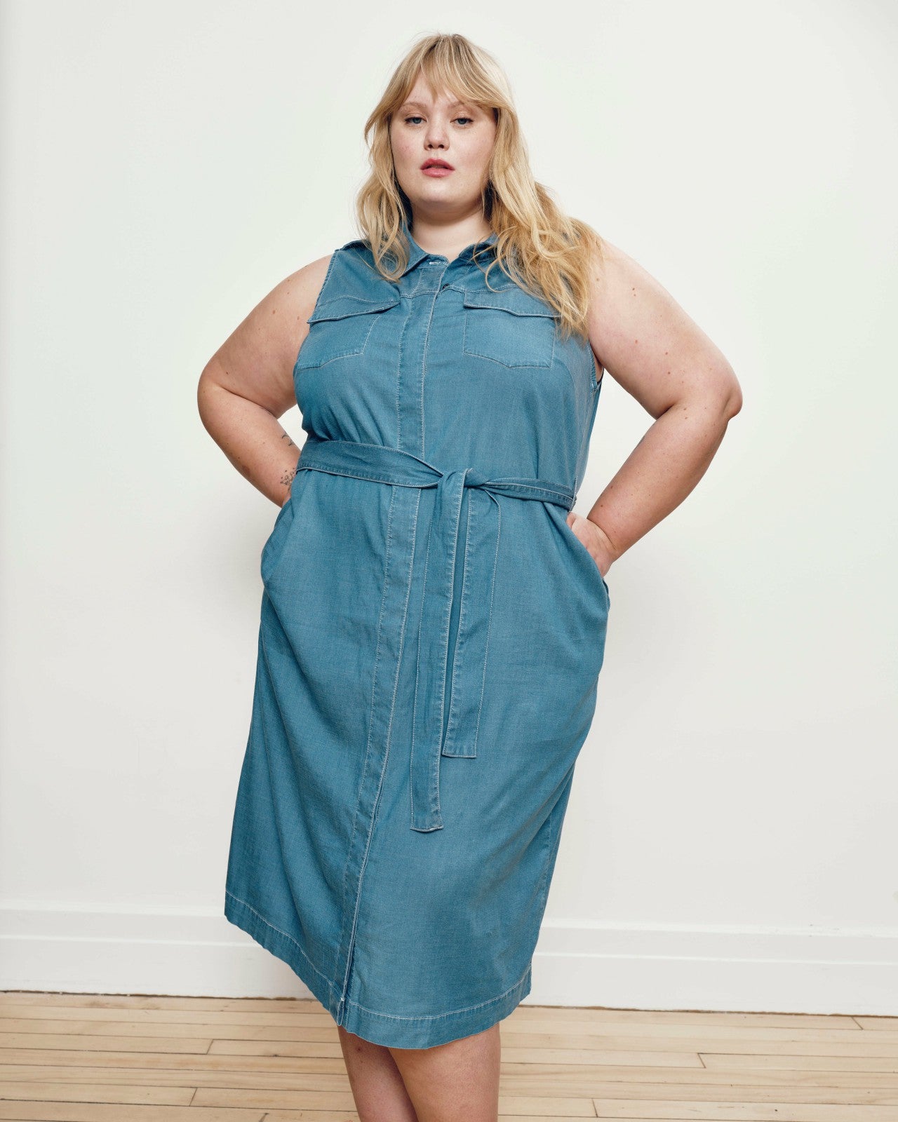 Universal Standard Perfect Tencel Chambray Sleeveless Savannah Shirtdress - Cove Blue
