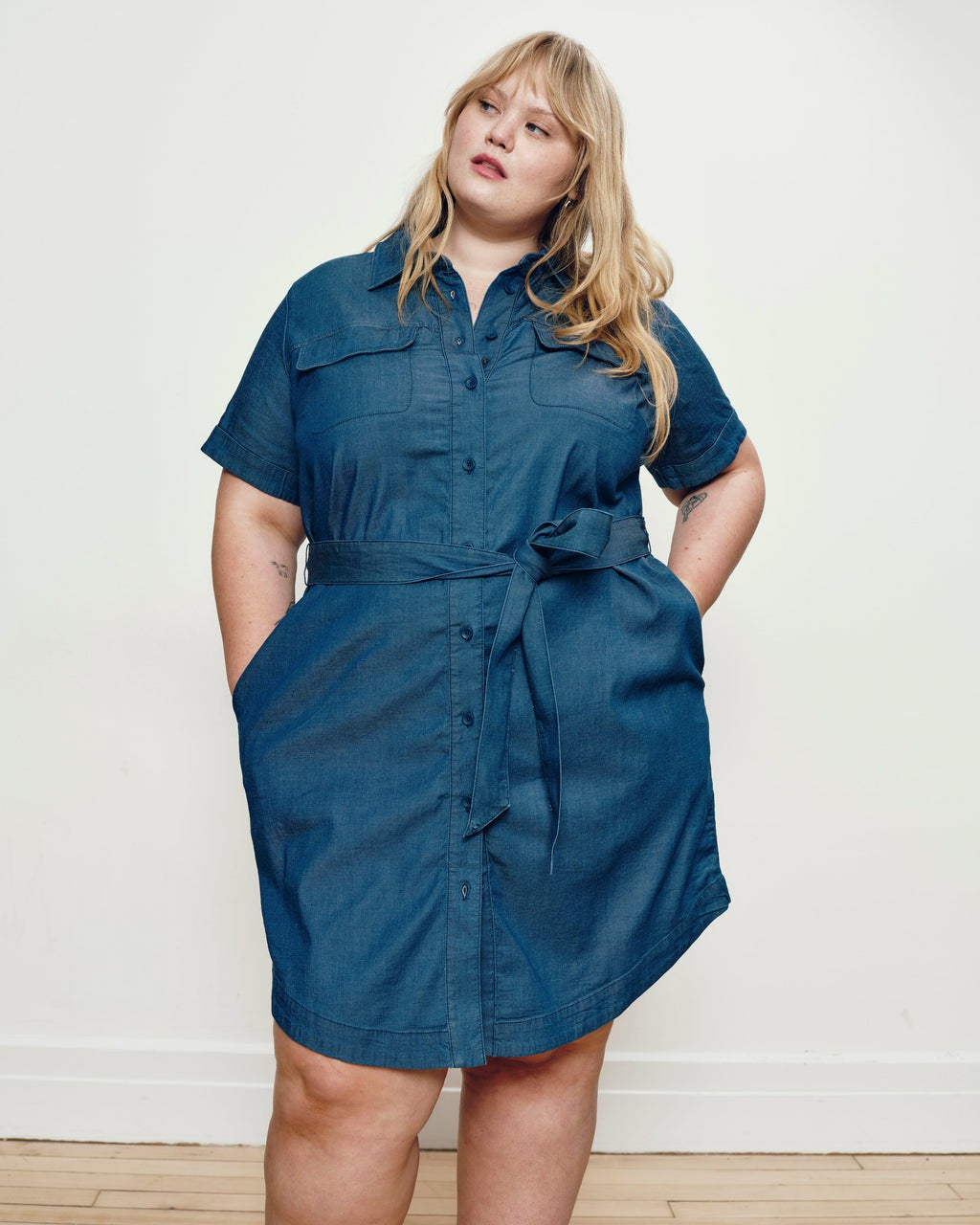 Universal Standard Perfect Tencel Chambray Short Sleeve Shirtdress - Midnight Blue