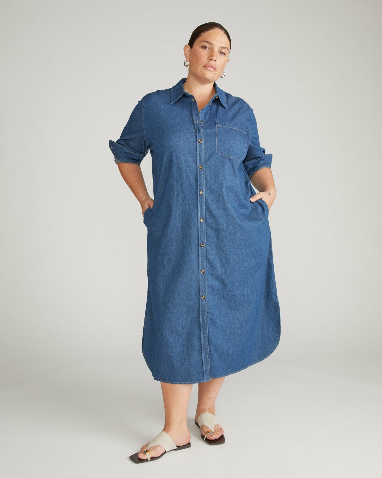 Universal Standard Odeon Stretch Cotton Chambray Shirtdress - Orion Blue