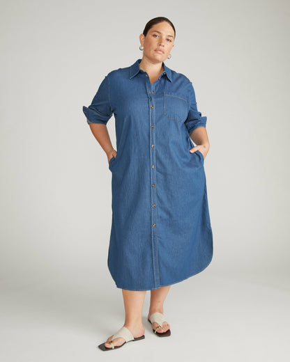 Universal Standard Odeon Stretch Cotton Chambray Shirtdress - Orion Blue
