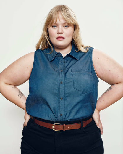 Universal Standard Perfect Tencel Chambray Sleeveless Shirt - Midnight Blue