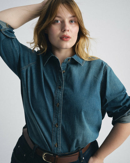 Universal Standard Minimalist Stretch Cotton Chambray Shirt - Union City Blue