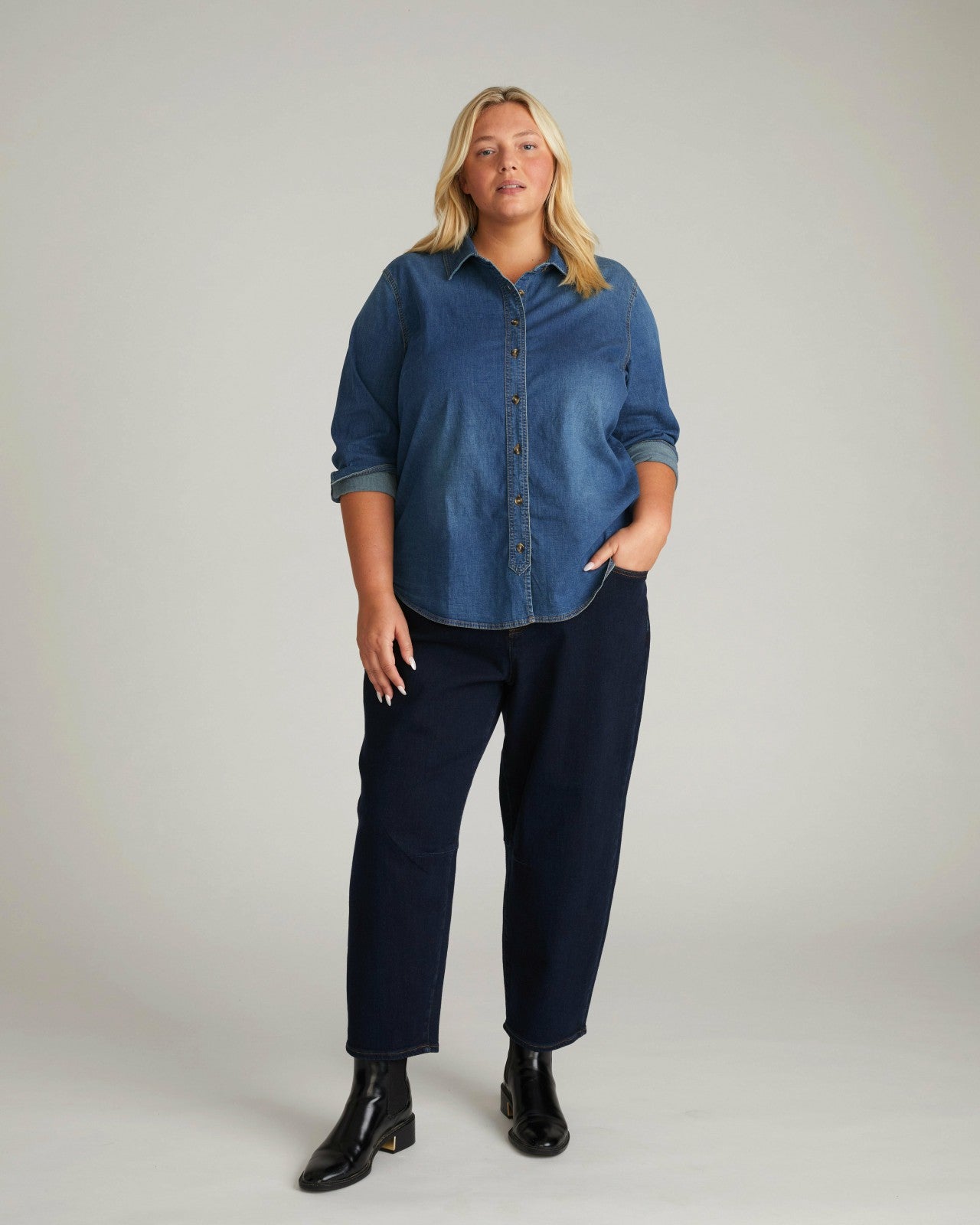Universal Standard Minimalist Stretch Cotton Chambray Shirt - Union City Blue