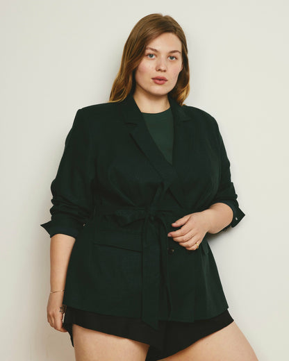 Universal Standard Belted Double Breasted Linen Blend Blazer - Forest Green
