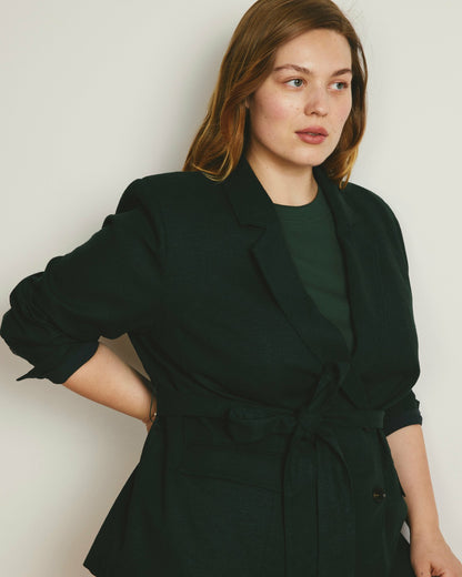Universal Standard Belted Double Breasted Linen Blend Blazer - Forest Green