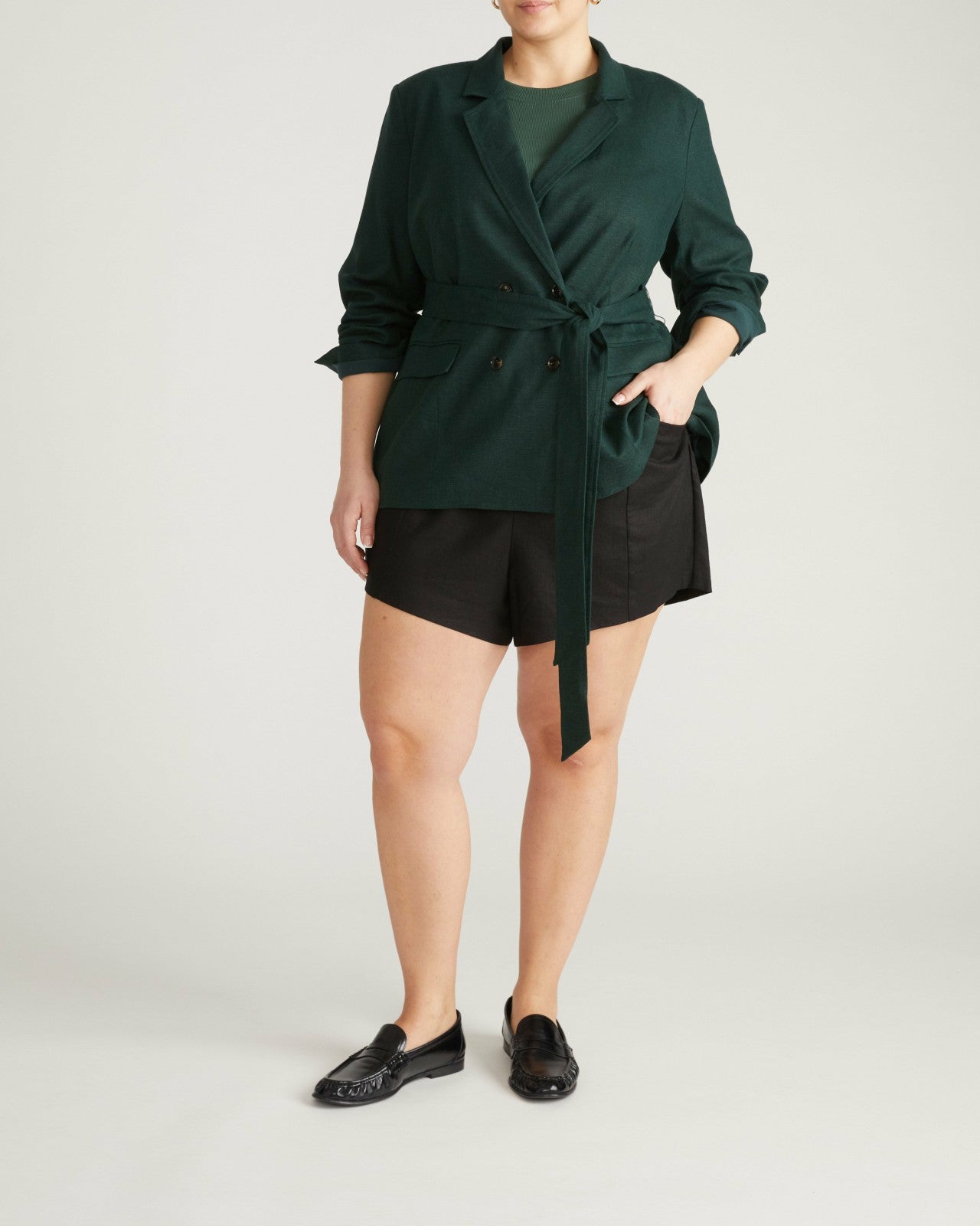 Universal Standard Belted Double Breasted Linen Blend Blazer - Forest Green