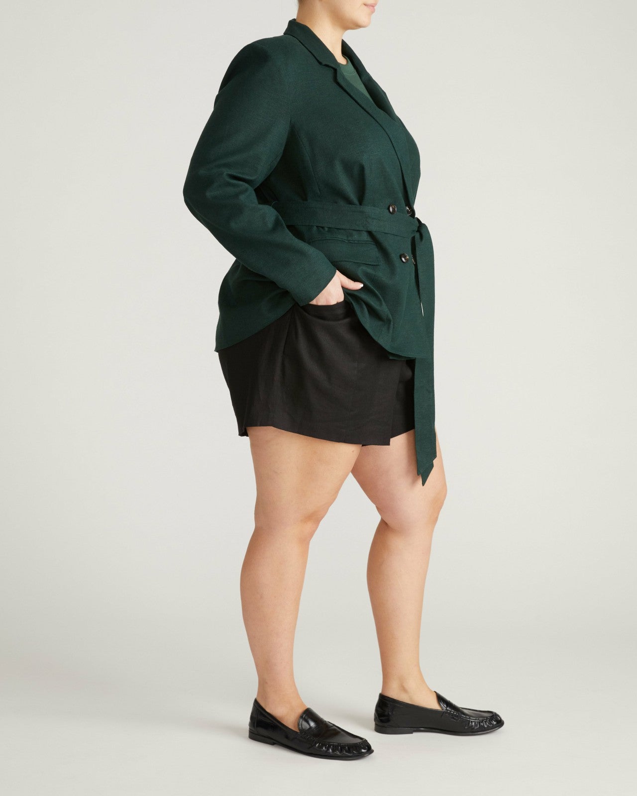 Universal Standard Belted Double Breasted Linen Blend Blazer - Forest Green