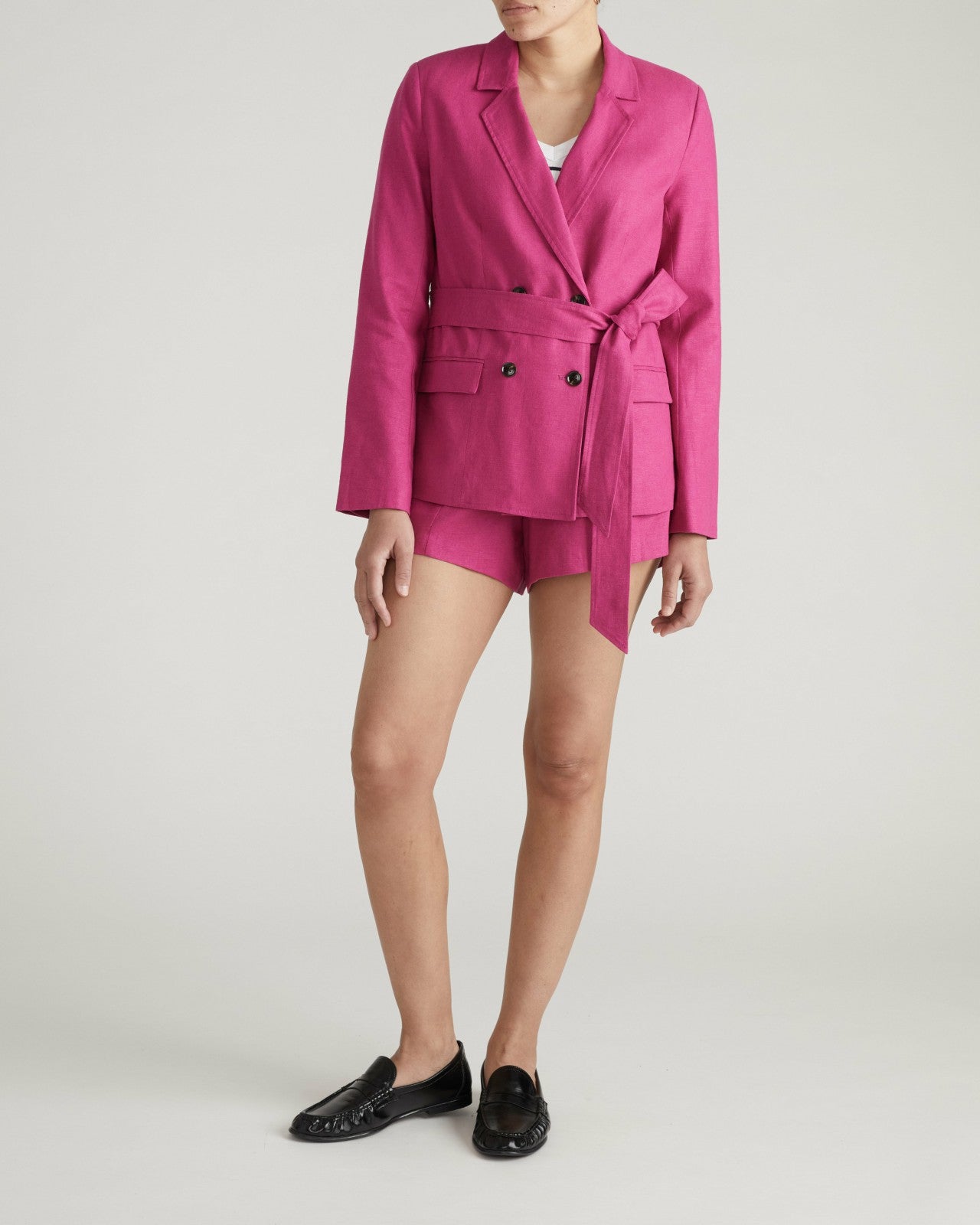 Universal Standard Belted Double Breasted Linen Blend Blazer - Hyper Pink
