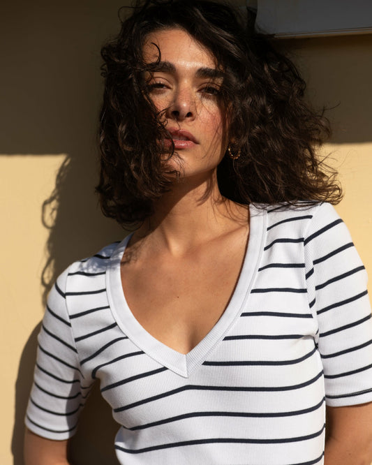Universal Standard Classic V-Neck Ribbed Tee - Nautical Navy Stripe