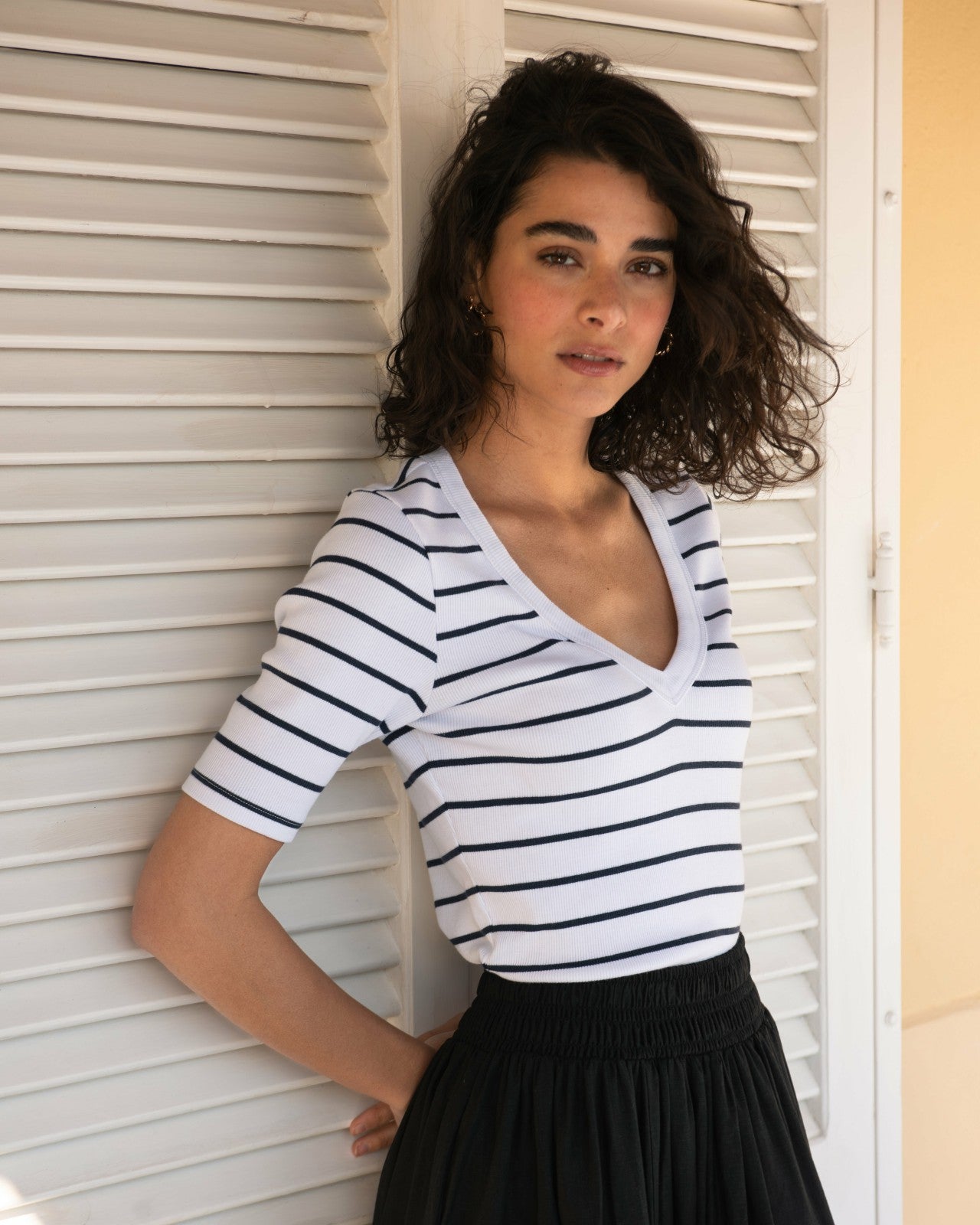 Universal Standard Classic V-Neck Ribbed Tee - Nautical Navy Stripe