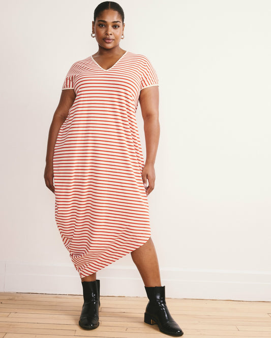 Universal Standard Iconic Geneva V-Neck Dress - Ecru/Poppy Stripe